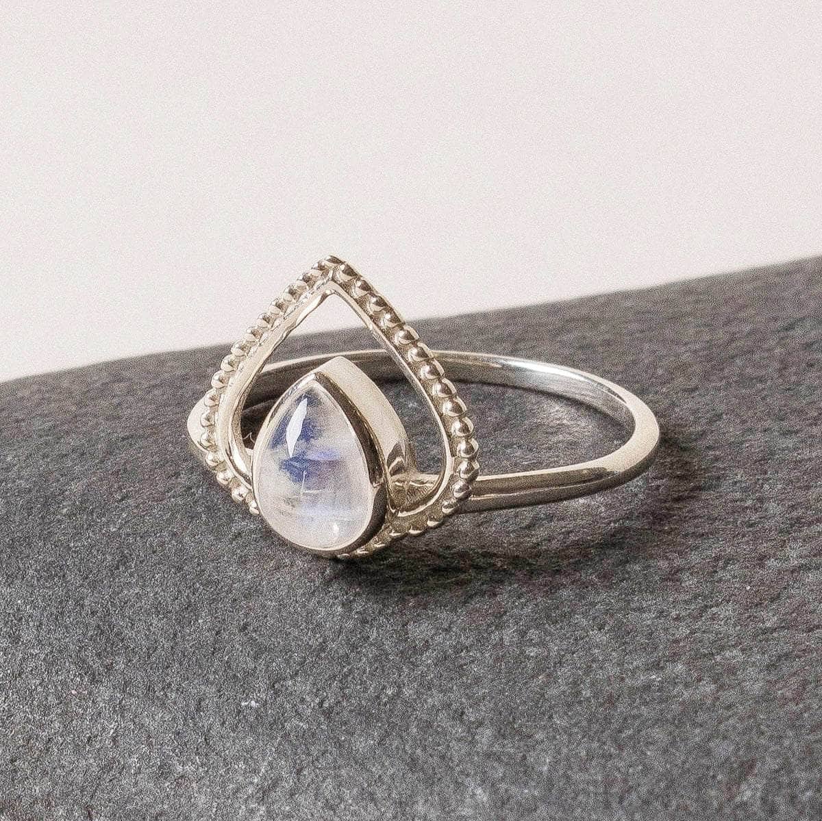 Rainbow Moonstone Silver Heart Ring - Size 5