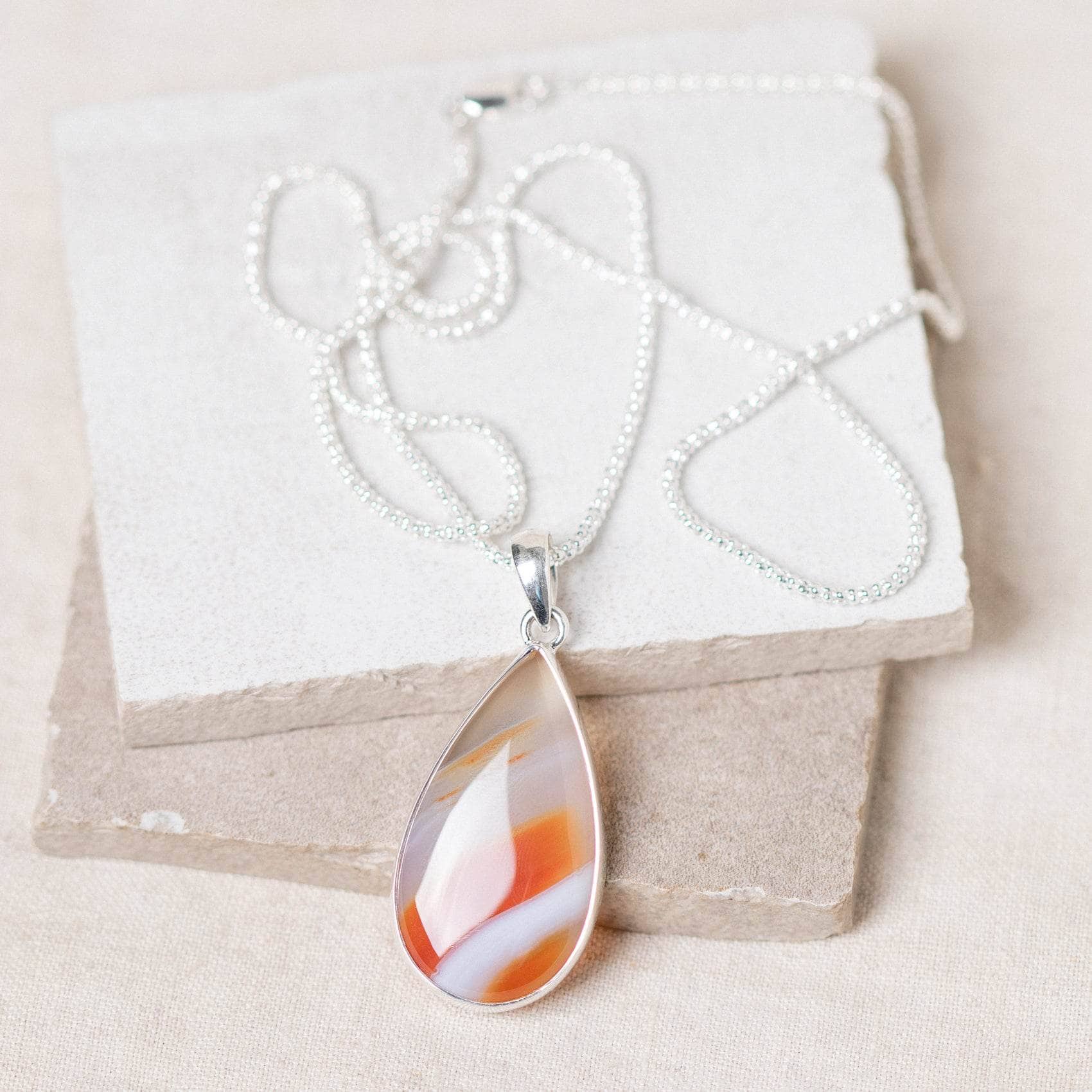 Carnelian Banded Agate Teardrop Pendant Necklace