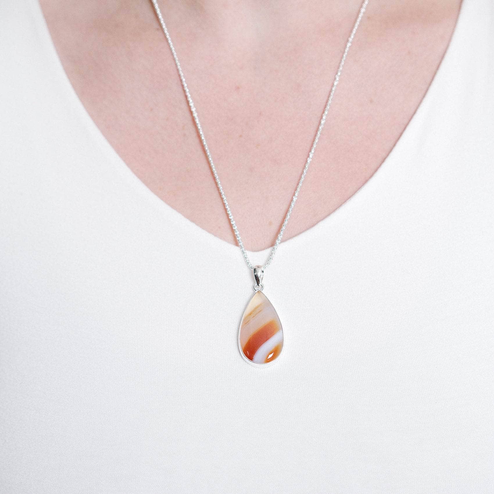 Carnelian Banded Agate Teardrop Pendant Necklace